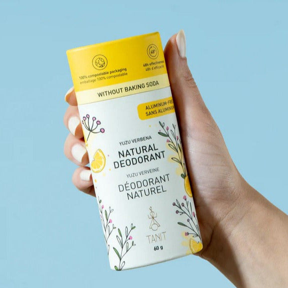 This lemon fresh Yuzu Verbena Canadian made 60 g solid deodorant by Tanit Botanics combines the power of magnesium hydroxide, probiotics, zinc ricinoleate, and botanical extracts to provide 48 hours of odour protection and comes in a 100% biodegradable cardboard tube.