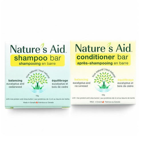 Nature’s Aid Balancing Shampoo and Conditioner Bar Set with eucalyptus and cedarwood – Canadian-made, eco-friendly, plastic-free hair care bars.