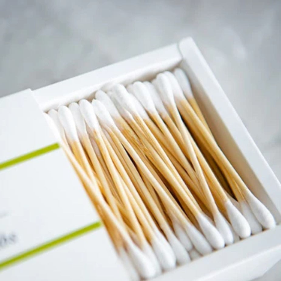 Open box of OLA Bamboo cotton swabs made with bamboo and organic cotton