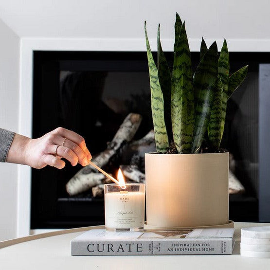 A candle in a jar by The Bare Home sitting on a coffee table is being lit with a wooden match. It sits on top of a coffee table book and beside a snake plate and in front of a unlit fireplace with birch logs.