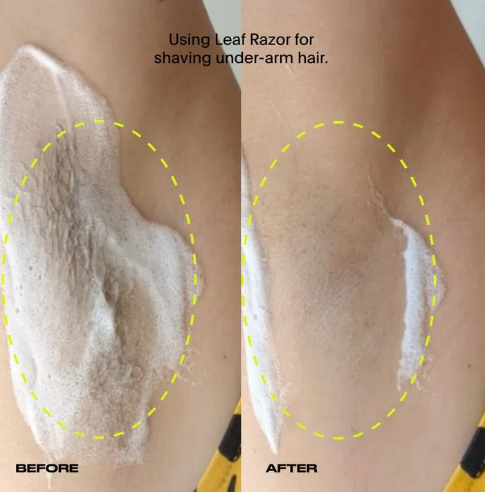 Before and after results of using Leaf Razor to shave underarm hair – smooth, close shave with reduced irritation