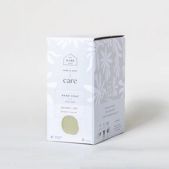 Bergamot lime essential oil scented natural hand soap in a 3 L refill box made in Canada by The Bare Home company based in Ontario on a white background.