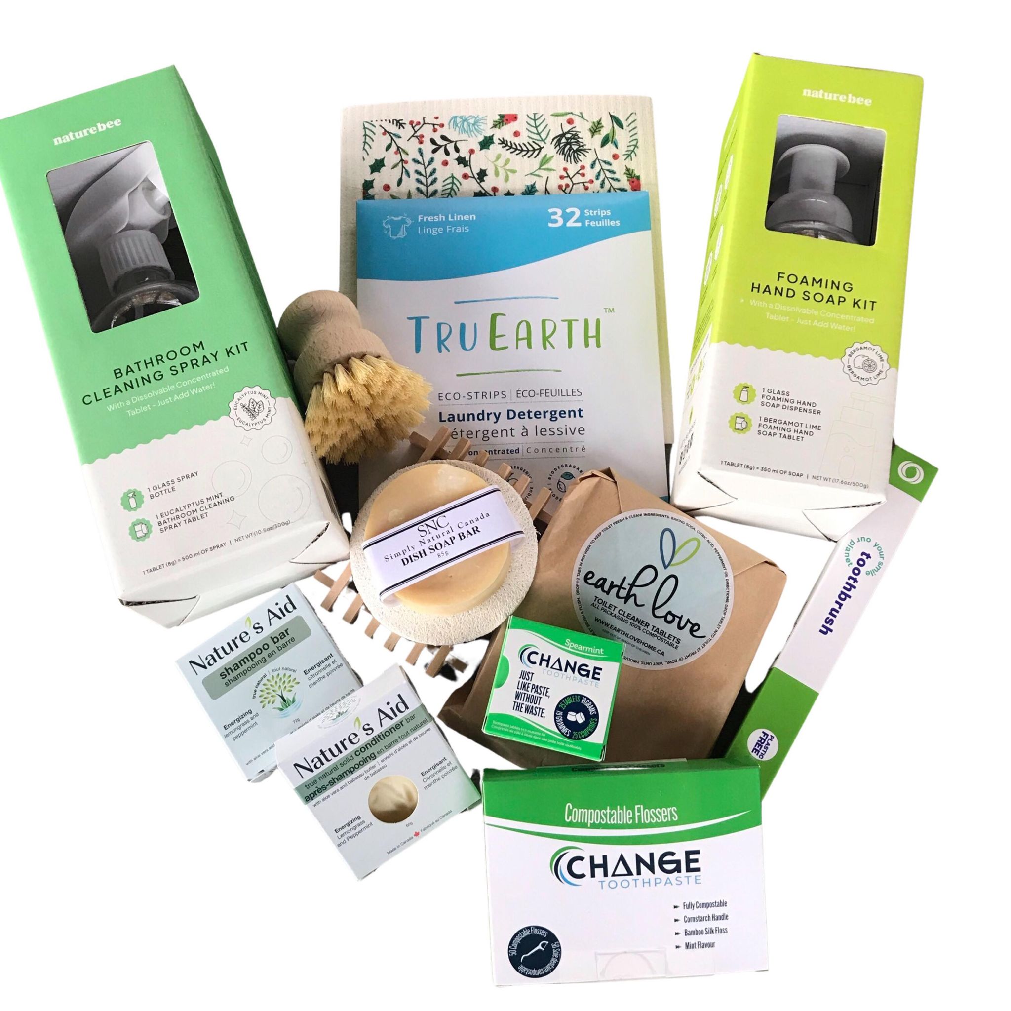 This deluxe gift box is carefully curated gift box includes a shampoo bar, a conditioner bar, dish soap bar, loofah sponge slice, wooden soap dish, pot scrubber brush, toothpaste tablets, compostable flossers, a bamboo toothbrush, laundry strips, bathroom cleaning spray kit, foaming hand soap kit and a Swedish sponge clotht. 
