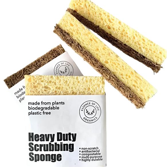 Essence of Life Organics Heavy Duty Scrubbing Sponges on a white background shows side view as well as the label that reads made from plants, biodegradable, plastic free , non-scratch, antibacterial, compostable, multi-purpose and highly durable 