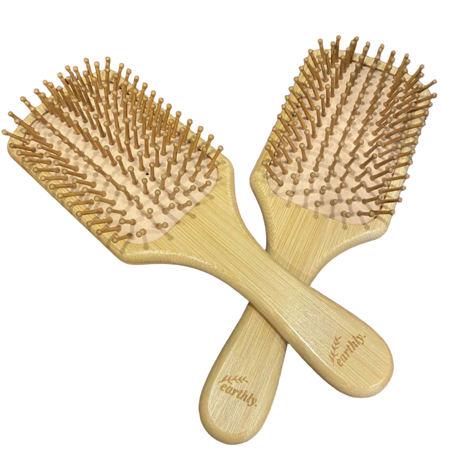 Earthly Change biodegradable bamboo hair brushes set of 2 with natural rubber base and large wooden bristles for static-free, eco-friendly hair care