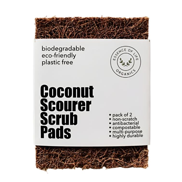 A pack of 2 Coconut Scourer Scrub Pads on a white background. The label reads Essence of Life Organics biodegradable, eco-friendly, plastic-free, non-scratch, antibacterial, compostable, multi-purpose and highly durable