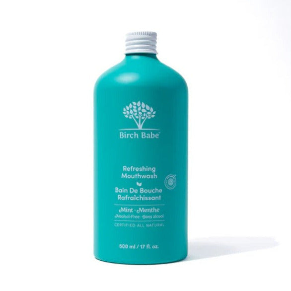 Canadian made Birch Babe organic mouthwash in a 500 ml teal aluminum bottle on a white background