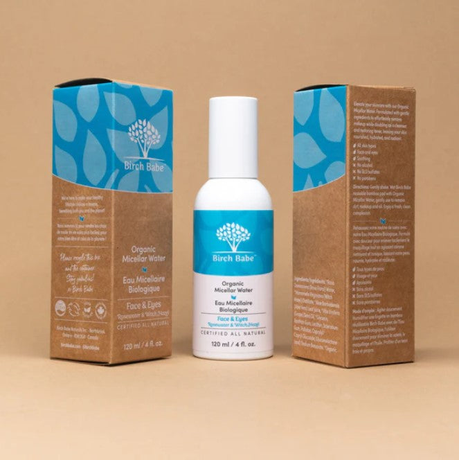 micellar cleaning water made in canada by birch babe comes in a 120 ml aluminum bottle