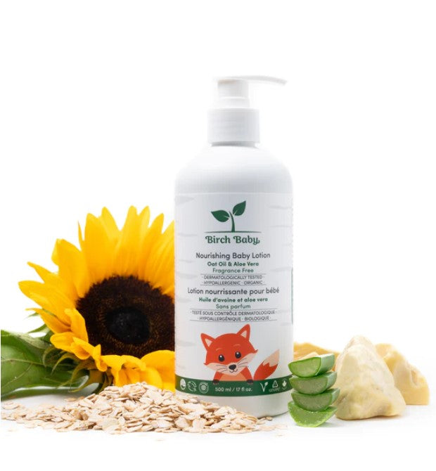 Introducing Nourishing Baby Lotion by Birch Baby, a nurturing solution for your baby's sensitive skin. Specially formulated in Canada for the most sensitive skin, EWG Verified and packaged in eco-friendly PCR plastic that's also recyclable. 