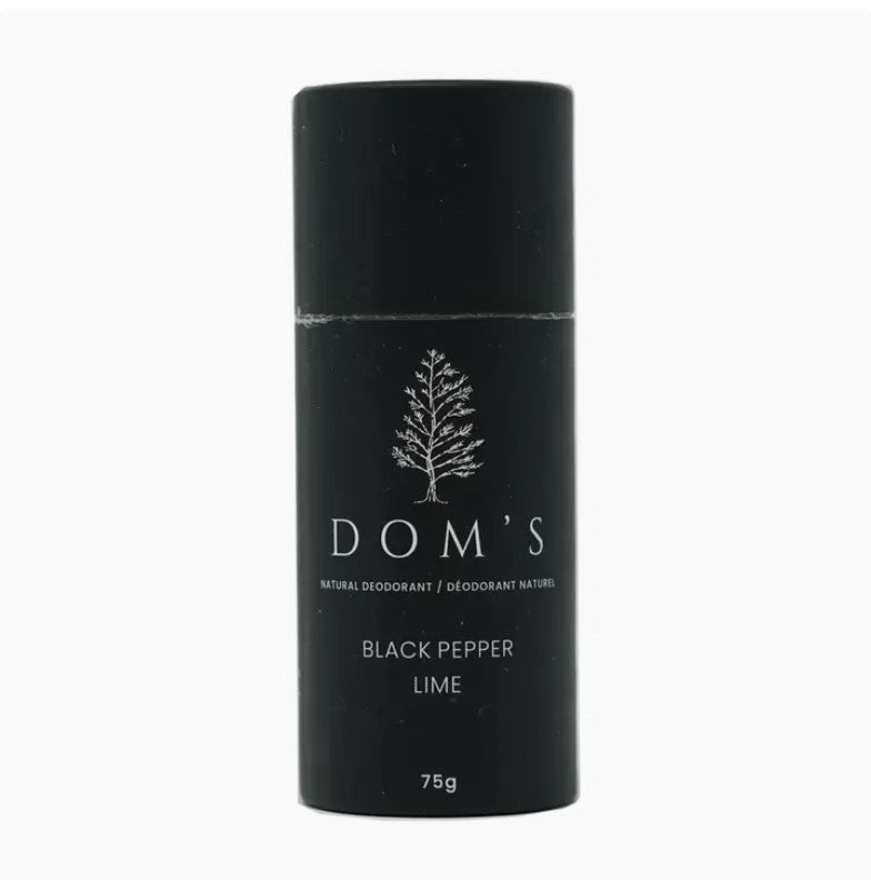 Dom’s Black Pepper Lime Natural Deodorant Stick in recyclable paper tube – 75g vegan, 100% natural, CertClean Award-winning deodorant with fresh lime and spicy black pepper scent.