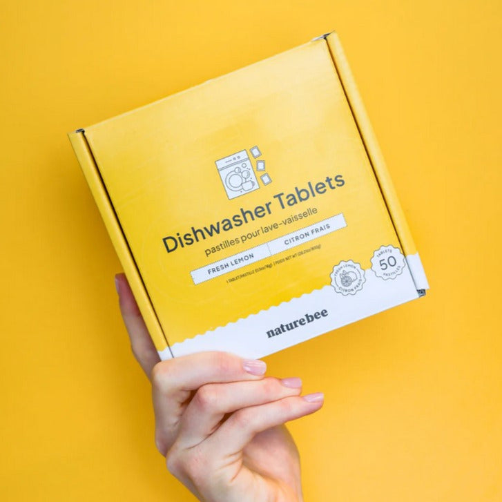 Plastic-free dishwasher tablets in a fresh lemon scent by Nature Bee comes packaged in a recyclable box of 50.