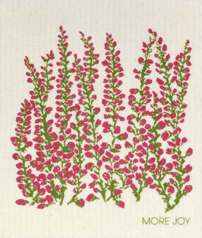 Compostable eco sponge cloth made of cellulose featuring a delightful rendering of red calluna blooms on a white background, replaces paper towel by absorbing 20x its weight in liquid. Size 20 x 17 cm