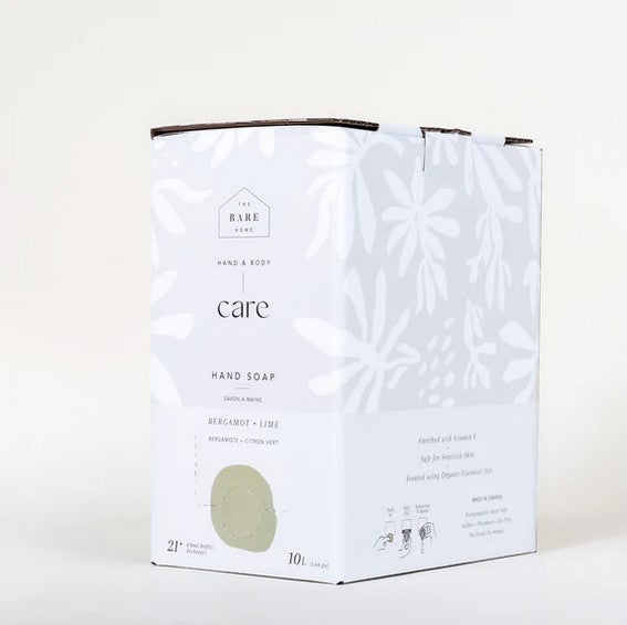 Bergamot lime essential oil scented natural hand soap in a 10 L refill box made in Canada by The Bare Home company based in Ontario on a white background.