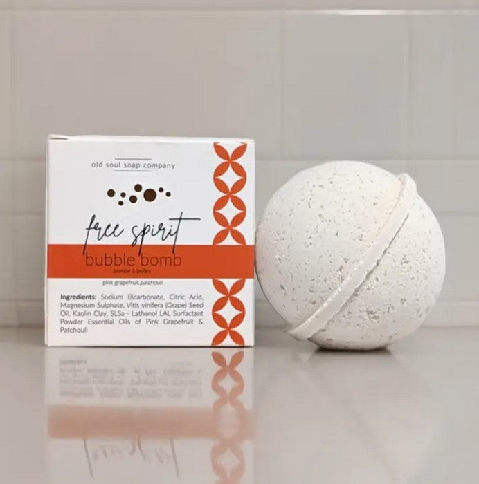 Free Spirit Bubble Bomb by Old Soul Soap Company with grapefruit and patchouli essential oils in eco-friendly packaging, Canadian-made vegan bath bomb