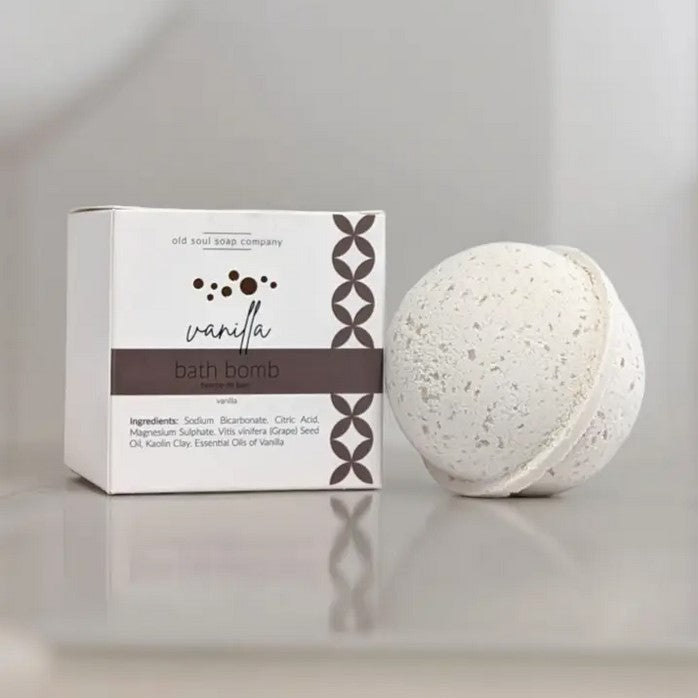 Canadian-made Vanilla Bath Bomb by Old Soul Soap Company with eco-friendly plastic-free packaging