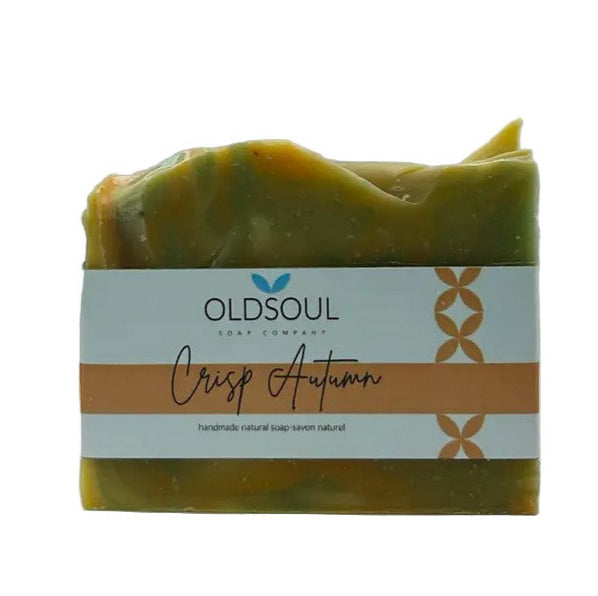Canadian-made Crisp Autumn artisan soap bar by Old Soul Soap Company with eucalyptus, cedarwood, rosemary, and lemon for a fresh fall scent
