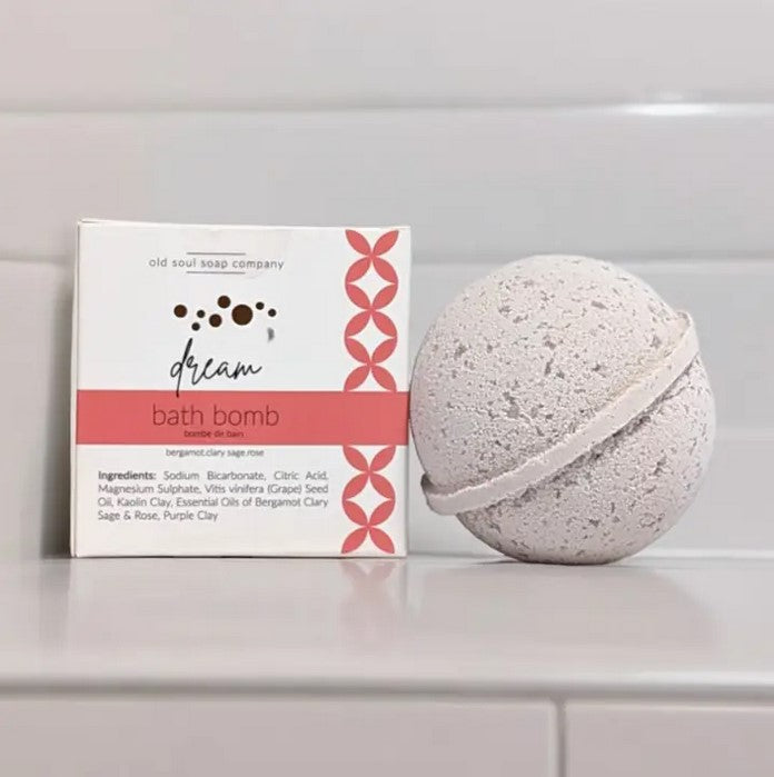 Canadian-made Dream Bath Bomb with bergamot, clary sage and rose essential oils in plastic-free packaging by Old Soul Soap Company