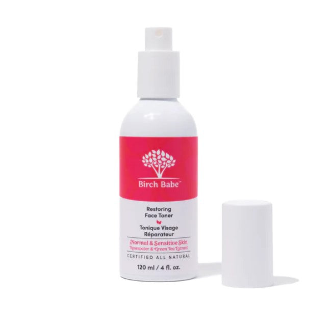 Restoring face toner in 120 ml aluminum bottle made by Birch Babe is 94% organic and crafted to balance your skins pH, calm inflammation while lightly moisturizing skin. 