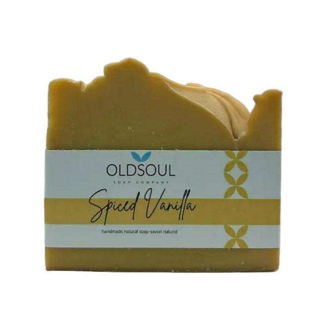 Canadian-made Spiced Vanilla artisan soap bar by Old Soul Soap Company with warm vanilla and spice scent, vegan-friendly and handcrafted.