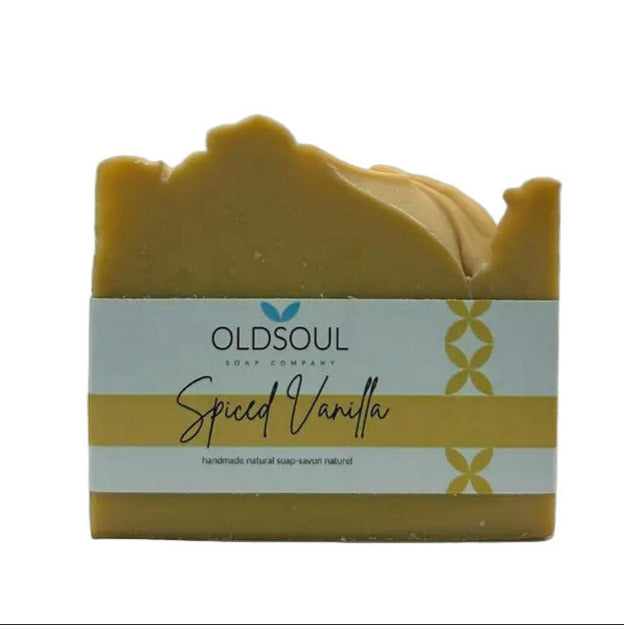 Canadian-made Spiced Vanilla artisan soap bar by Old Soul Soap Company with warm vanilla and spice scent, vegan-friendly and handcrafted.