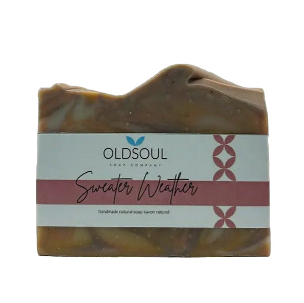 Canadian-made Sweater Weather artisan soap by Old Soul Soap Company with marbled brown and cream design, wrapped in label, vegan-friendly and autumn-scented