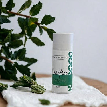 Introducing Carefree Natural Deodorant made in Canada by The Old Soul Soap Company which is scented with patchouli, cedarwood and peppermint essential oils.