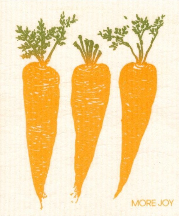 Compostable eco sponge cloth made of cellulose and features an artist's rendering of carrots in hues of orange against a white backdrop, replaces paper towel by absorbing 20x its weight in liquid. Size 20 x 17 cm