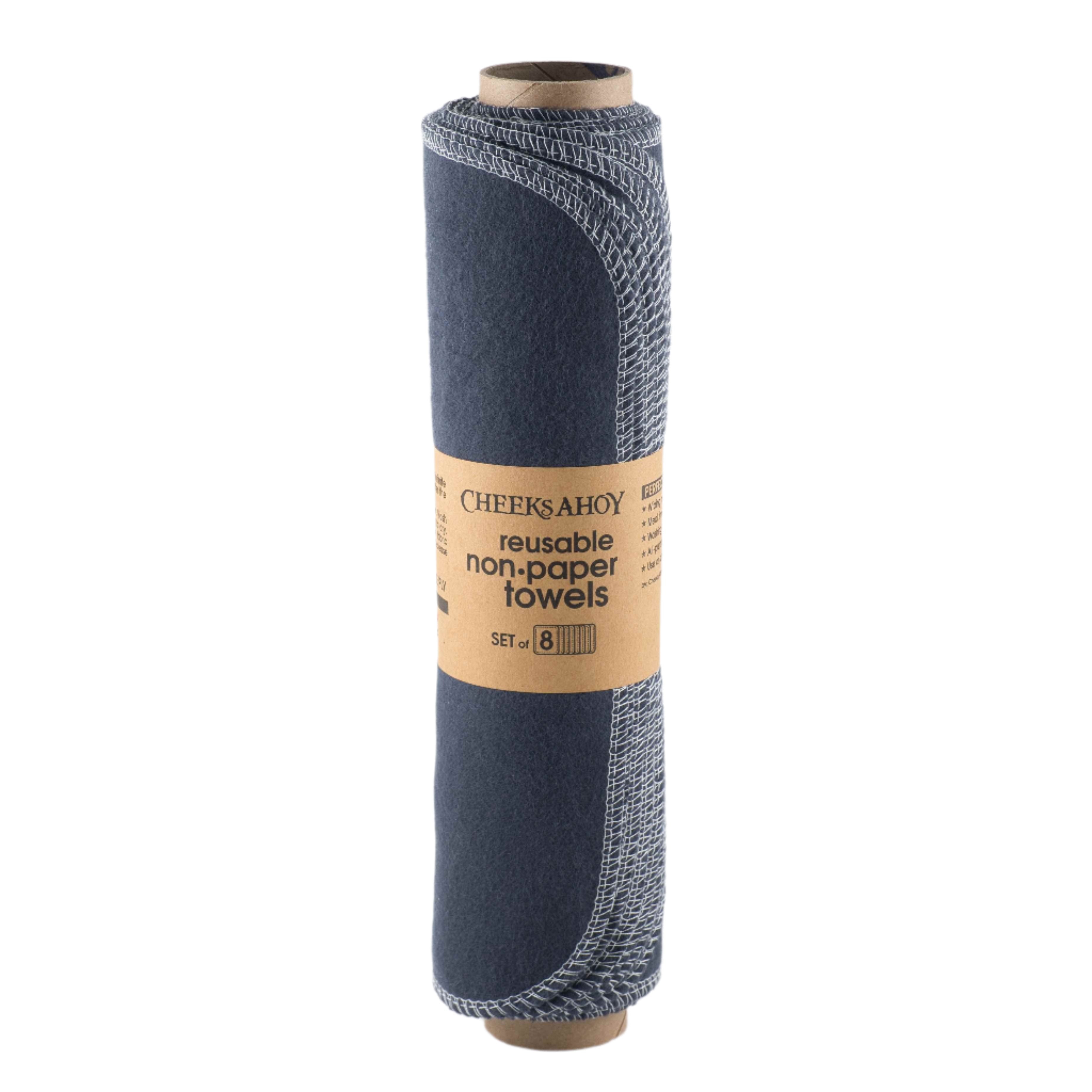 A roll of 8 Charcoal Reusable Non-Paper Towels by Cheek Ahoy with brown kraft label on a white background are the perfect zero-waste alternative to disposable paper towels, designed to help you tackle everyday messes without creating waste.