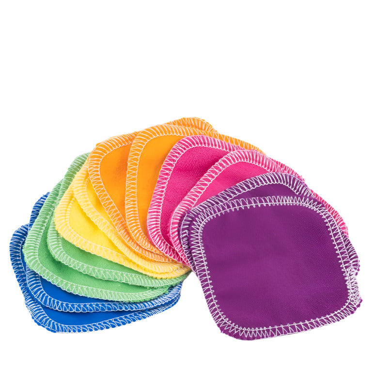 Set of 12 reusable facial rounds in rainbow colors from Cheeks Ahoy, made from soft cotton flannel