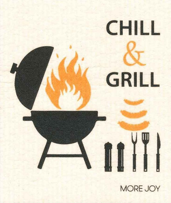 Compostable eco sponge cloth made of cellulose with a delightful Grill & Chill BBQ motif black-and-orange on white, replaces paper towel by absorbing 20x its weight in liquid. Size 20 x 17 cm