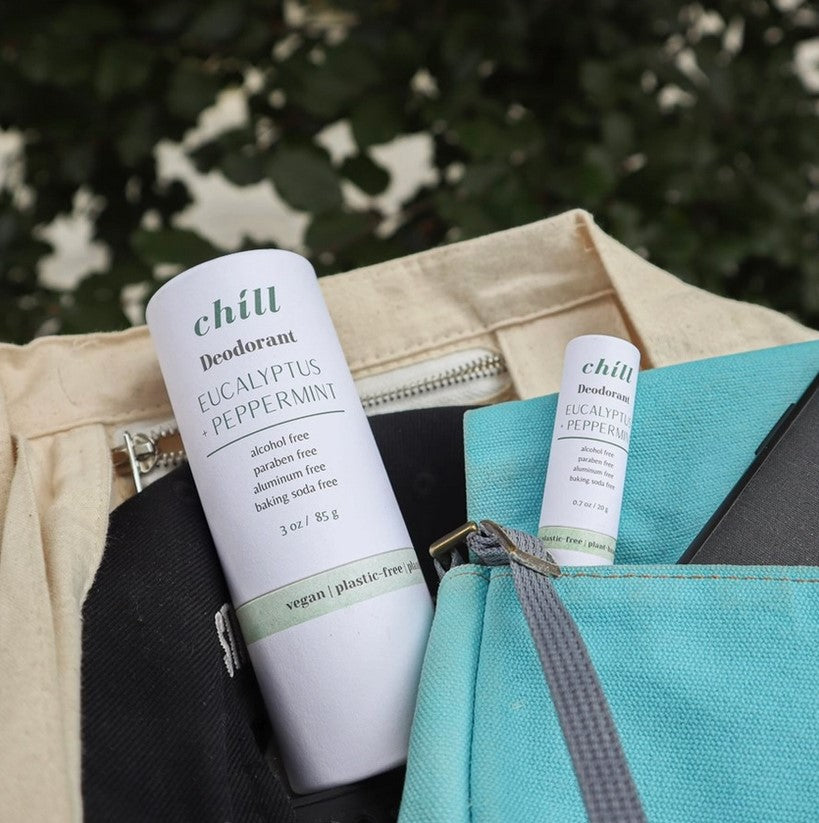 This Canadian made eucalyptus peppermint  chill vegan natural deodorant by Plantish comes in both a full size compostable tube (85 g/3 oz )or a mini version (20 g/0.7 oz) for traveling or testing purposes. 