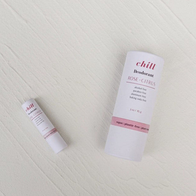 This Canadian made rose citrus chill vegan natural deodorant by Plantish comes in both a full size compostable tube (85 g/3 oz )or a mini version (20 g/0.7 oz) for traveling or testing purposes. 