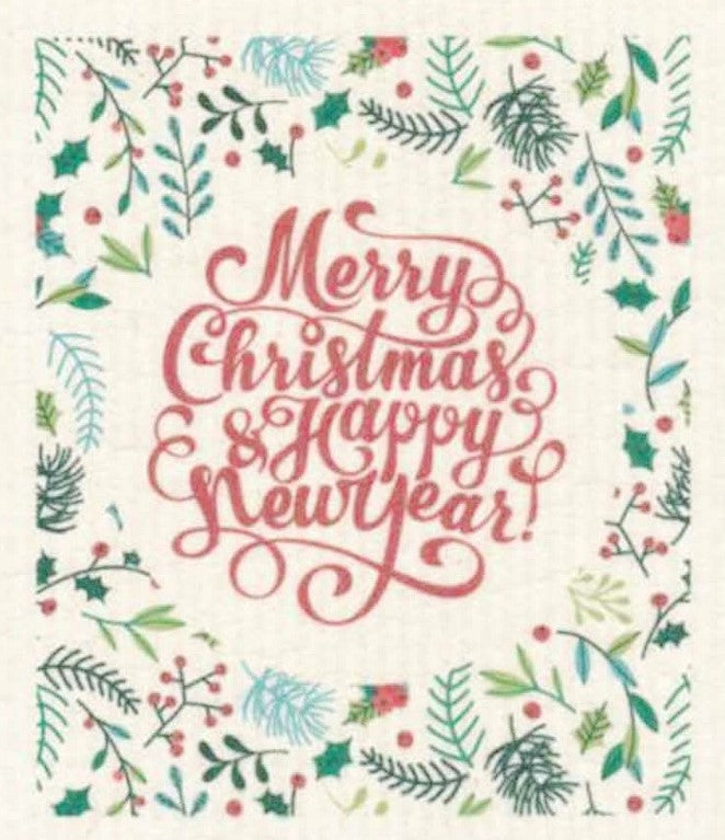 Compostable eco sponge cloth made of cellulose featuring a holiday greeting against a backdrop of greenery replaces paper towel by absorbing 20x its weight in liquid. Size 20 x 17 cm