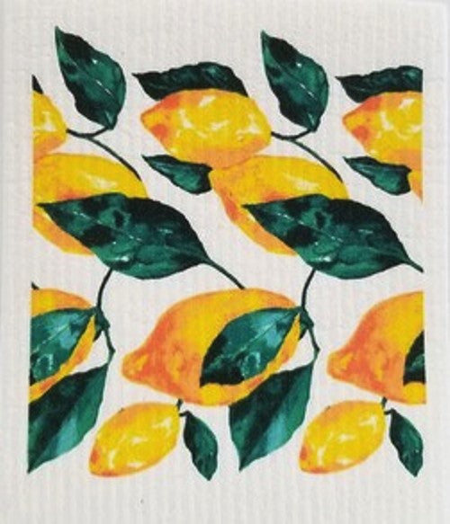 Compostable eco sponge cloth made of cellulose and featuring lemons on the vine in hues of deep yellow and dark green, replaces paper towel by absorbing 20x its weight in liquid. Size 20 x 17 cm