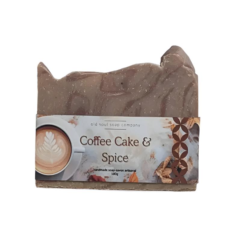 Spicy fragrance artisan top bar soap with a photo label featuring a cup of coffee and spice along with the words Coffee Cake & Spice. The soap is on a white background.