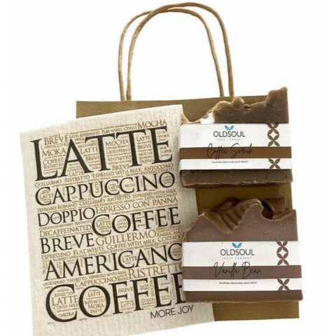 Coffee Soap Gift Set featuring Old Soul Soap Company Coffee Scrub and Vanilla Bean artisan soaps with a reusable coffee-themed Swedish dishcloth in kraft packaging