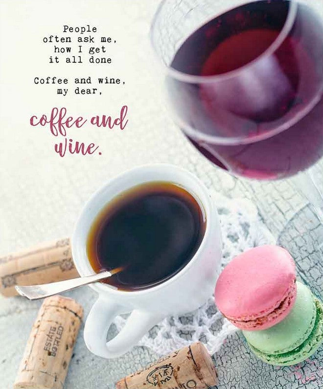 This Swedish sponge cloth features the humorous saying "People often ask me, how I get it all done. Coffee and wine, my dear, coffee and wine." on a light background with a cup of black coffee and a glass of red wine alongside tempting bite-sized cookies and corks in the foreground.