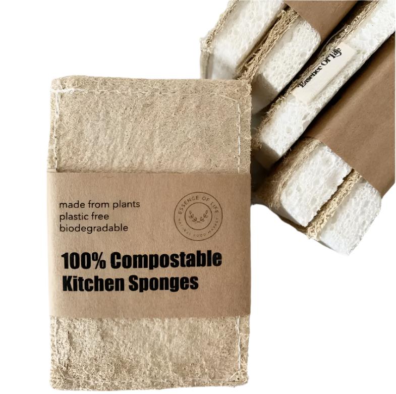 Essence of Life Organics 100% Compostable Kitchen Sponges 2 pack on a white background shows side view as well as the label that reads made from plants