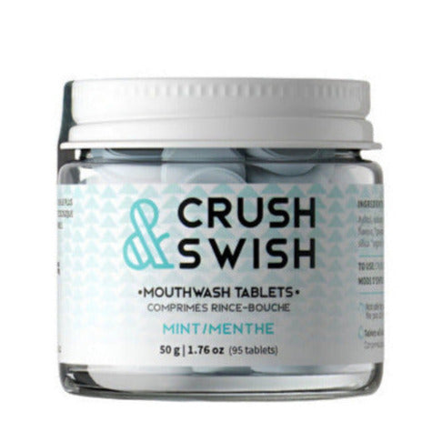 Crush and Swish mint mouthwash tablets made in Canada by Nelson Naturals shown in a 50 g. 95 tablet glass jar with white lid on a white background.