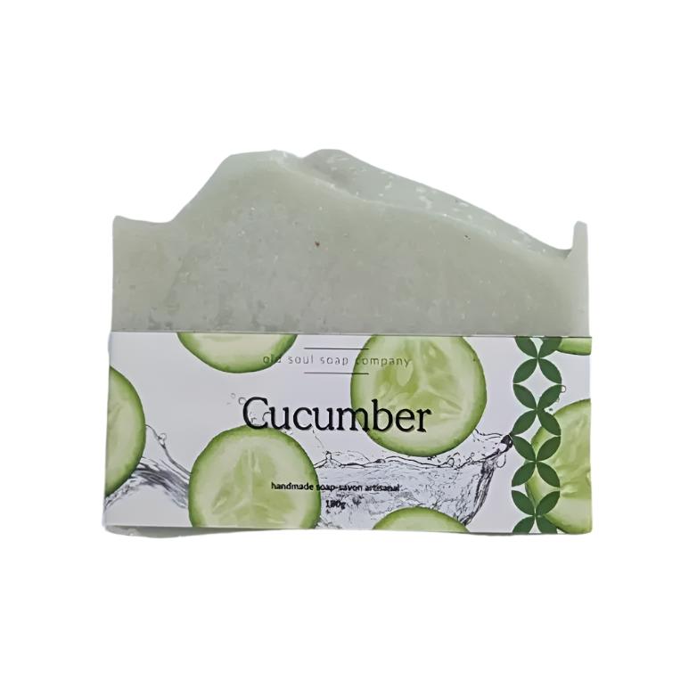 artisan top cucumber handcrafted 180 g bar soap with a photo label with a water splash and slices of cucumber on it along with the word 'Cucumber'. The soap is on a white background