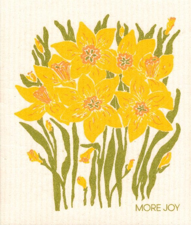 Compostable eco sponge cloth made of cellulose and featuring an artist's rendering of daffodils, replaces paper towel by absorbing 20x its weight in liquid. Size 20 x 17 cm