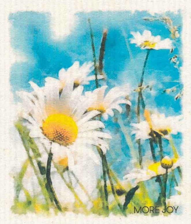 eco-friendly cloth made with a blend of cellulose and cotton and featuring daisies reaching up to a beautiful blue sky replacement for paper towels as they absorb 20x their weight. Size 20 x 17 cm.