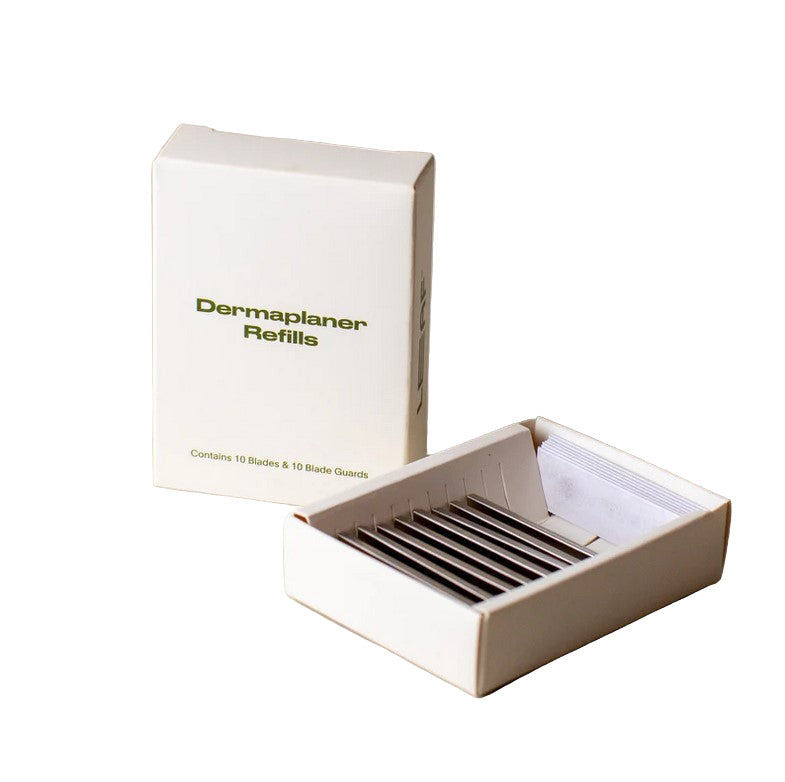 Leaf Dermaplaner Refills 10-pack – recyclable stainless steel blades and blade guards in eco-friendly paper packaging for zero-waste skincare