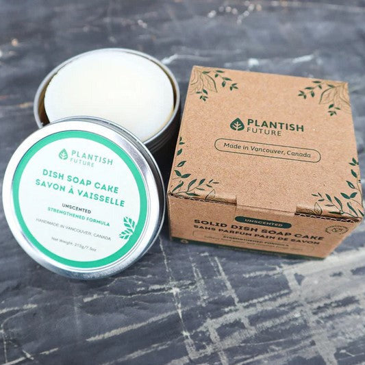 Introducing an earth-friendly solid dish soap from Plantish. It is a biodegradable and plant-based 13 oz dish soap cake in a tin leaves no waste behind. With its additive-free formula, this Canadian made soap dish bar is the perfect sustainable choice for effective and guilt-free dishwashing.