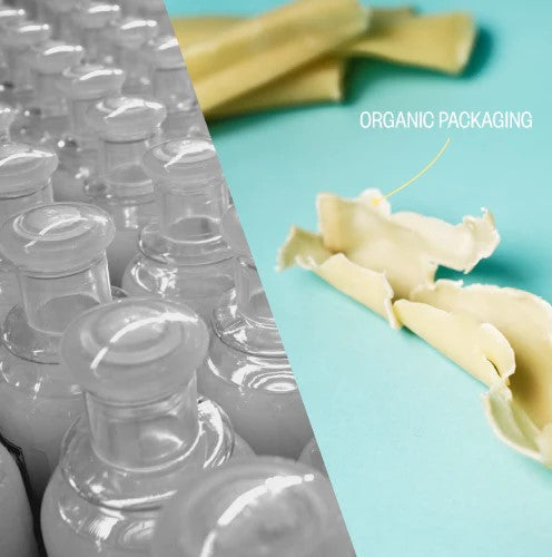 plastic bottles vs. organic packaging of biodegradable dish soap concentrate in beeswax pods