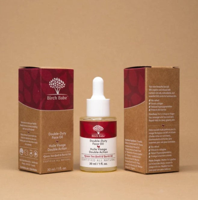 This Double Duty Face Oil comes in a glass bottle with a dropper and is packaged in a product box made from 100% recycled and recyclable kraft paper.