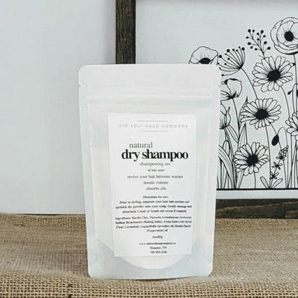 Canadian made Old Soul Soap Company natural dry shampoo in a 85 g compostable pouch helps revive your hair between washes, boosts volume and absorbs oils. Use by putting powder into a jar, an empty shaker bottle or apply with a clean make up brush.