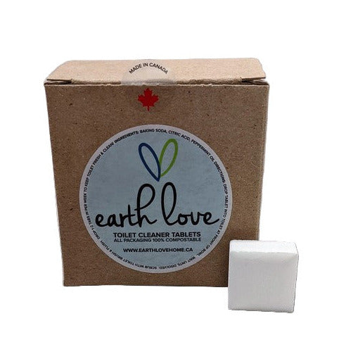 Earth Love Toilet Cleaner Tablets in compostable packaging – Canadian-made natural toilet cleaner tablets with peppermint essential oil used for antibacterial properties, not scent, shown beside an eco-friendly box labeled “Made in Canada.