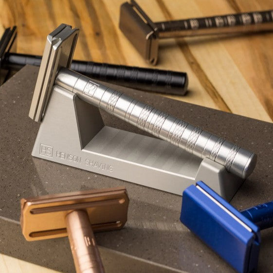  Henson Razor Stand displayed with multiple colour razors on countertop