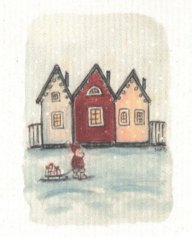 This 'Elf and Houses' Swedish dishcloth by More Joy is an enchanting seasonal sponge cloth. Its delightful artist's rendering of an elf in a winter scene pulling a sled of presents, will warm your heart!